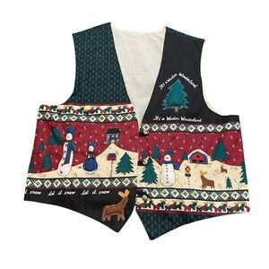 Vintage Ugly Christmas Sweater Vest Top 90s All Over Print Patch Work Snowman XL